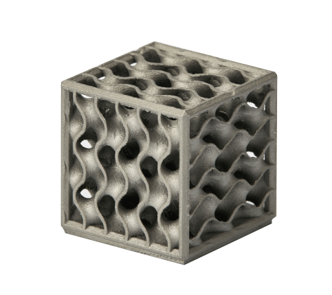 Cubo in titanio con struttura reticolare realizzato con stampa 3D DMLS